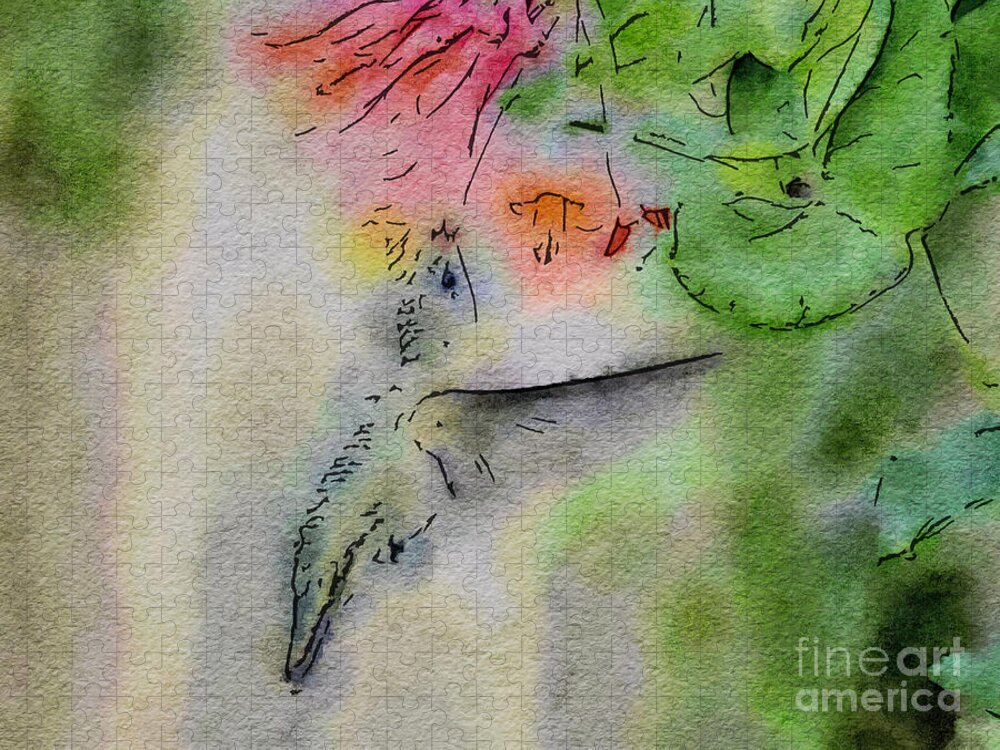 Hummingbird Jigsaw Puzzle featuring the painting Hummingbird - All In by Kerri Farley