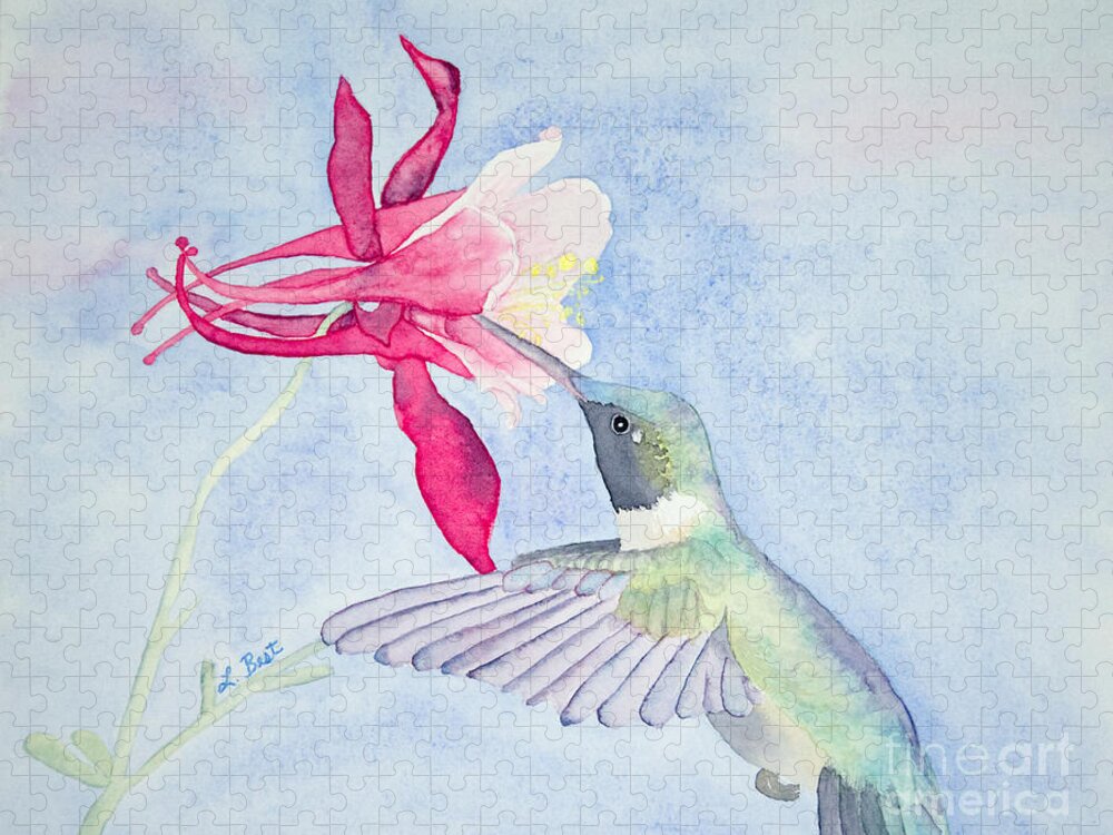 Ruby-throated Jigsaw Puzzle featuring the painting Hummingbird and Columbine by Laurel Best
