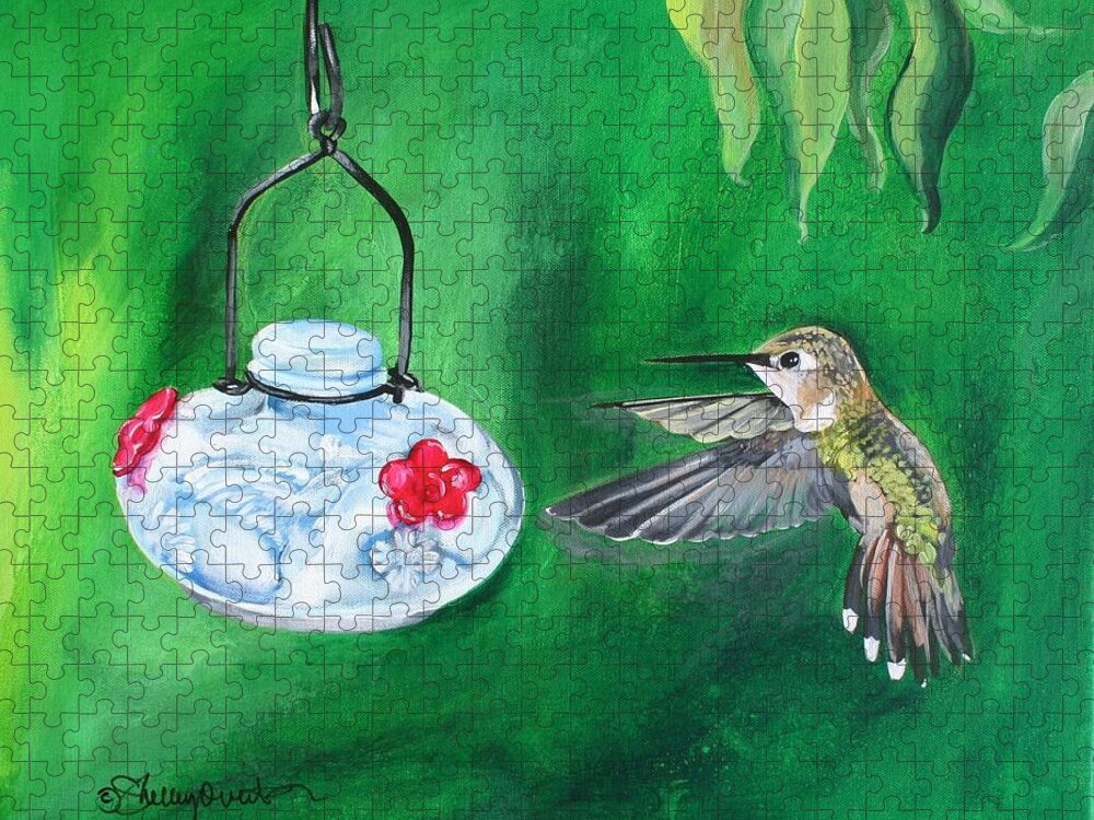 Hummingbird Jigsaw Puzzle featuring the painting Hummingbird and The Feeder by Shelley Overton