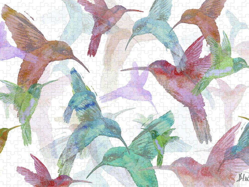 Hummingbird Jigsaw Puzzle featuring the painting Hummingbird Dance On White by Patricia Pinto