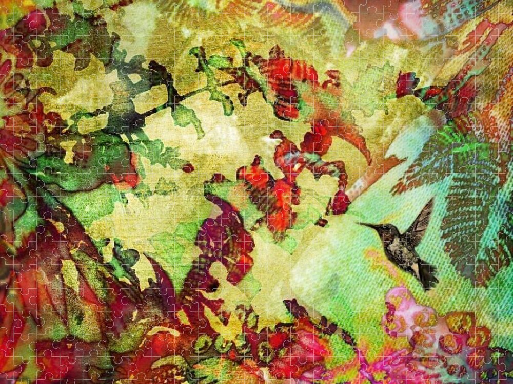 Sharkcrossing Jigsaw Puzzle featuring the painting S Hummingbird in Flower Heaven - Square by Lyn Voytershark