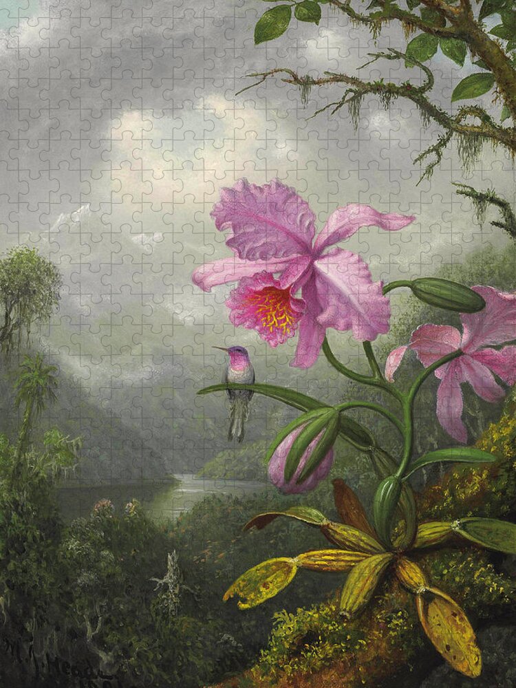 Orchid Jigsaw Puzzle featuring the painting Hummingbird Perched on the Orchid Plant by Martin Johnson Heade