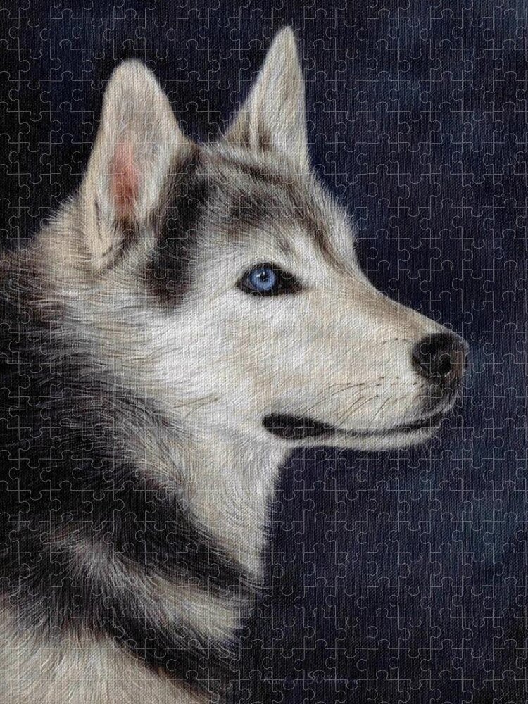 Husky Jigsaw Puzzle featuring the painting Husky Portrait Painting by Rachel Stribbling