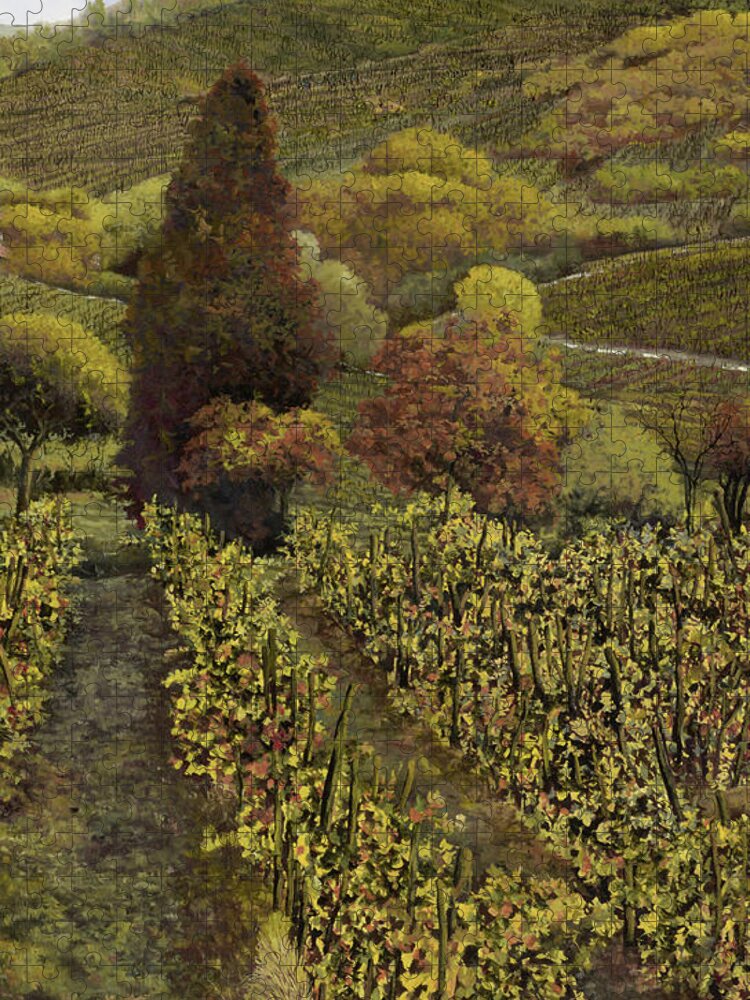 Vineyard Jigsaw Puzzle featuring the painting I filari in autunno by Guido Borelli