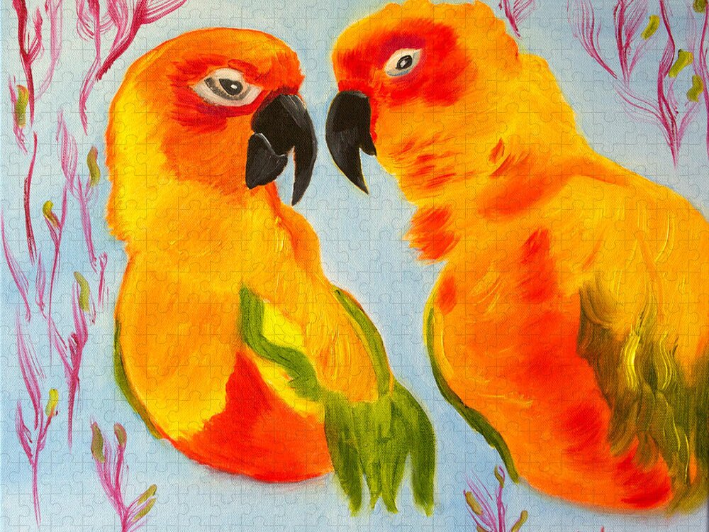 Sun Conures Jigsaw Puzzle featuring the painting I See You by Meryl Goudey