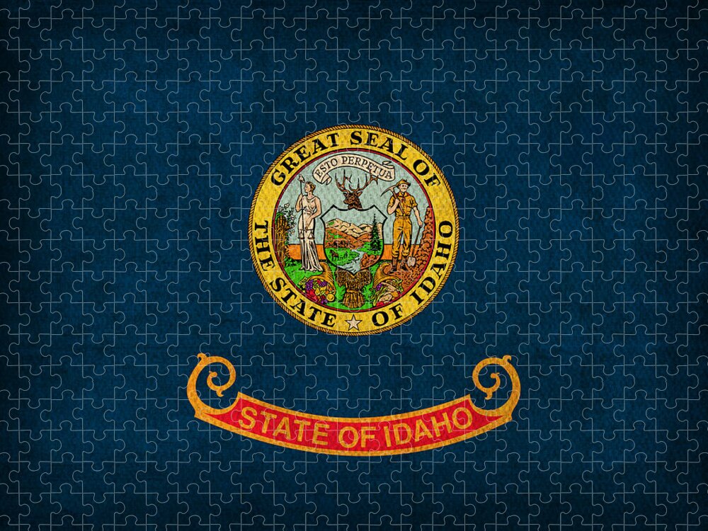 Idaho State Flag Art On Worn Canvas Jigsaw Puzzle featuring the mixed media Idaho State Flag Art on Worn Canvas by Design Turnpike