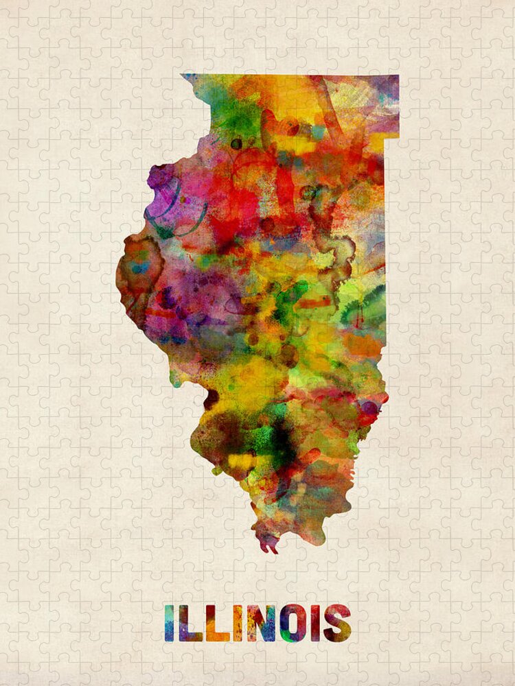 United States Map Jigsaw Puzzle featuring the digital art Illinois Watercolor Map by Michael Tompsett
