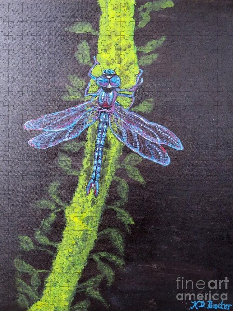 Nature Illuminated By Moonlight Blue Dragonfly Just Before Nightfall Chartreuse Yellow Color Halfway Between Green And Yellow Tertiary Color Bamboo Tree Limb Looks electrified Complementary Colors Blue Green Yellow Green Jigsaw Puzzle featuring the painting Illumination of a Blue Dragonfly's Form at Nightfall Painting by Kimberlee Baxter
