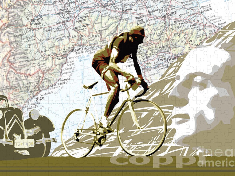 Coppi Vintage Map Cycling Jigsaw Puzzle featuring the digital art Illustration print Giro de Italia Coppi vintage map cycling by Sassan Filsoof