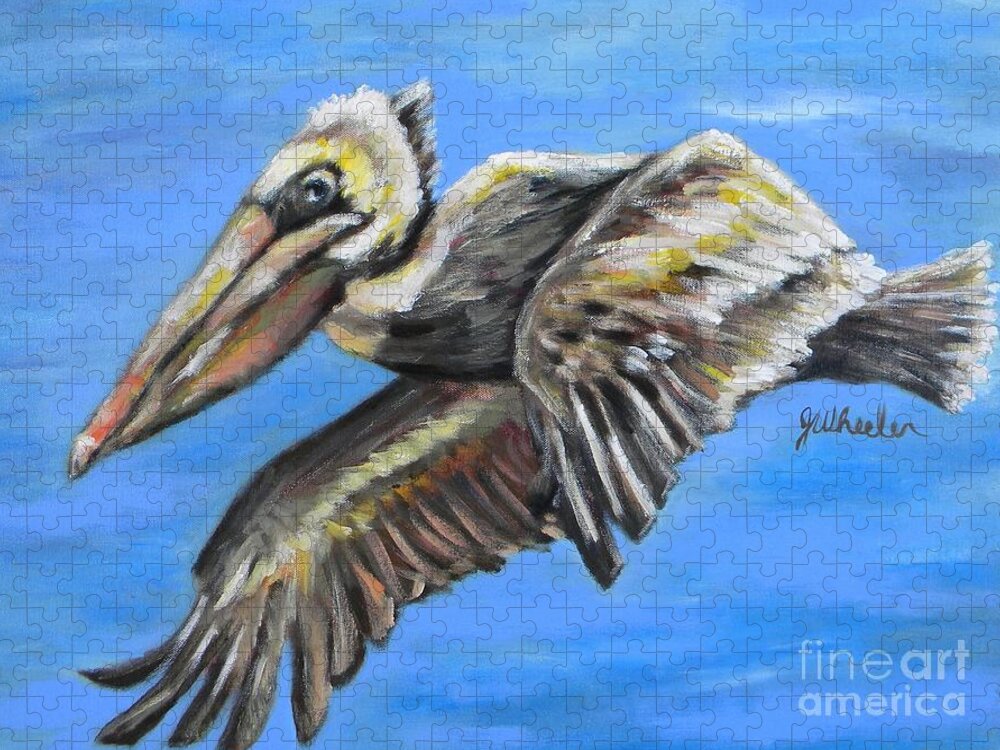 Pelican Jigsaw Puzzle featuring the painting In Flight by JoAnn Wheeler