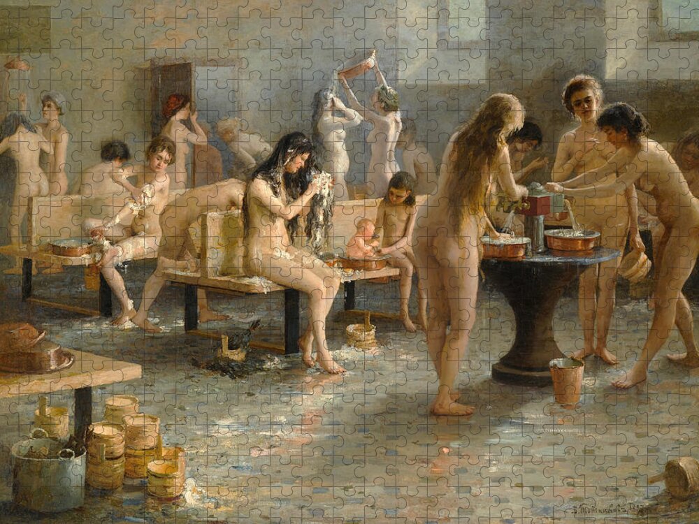 Vladimir Alexandrovich Plotnikov Jigsaw Puzzle featuring the painting In the bath house by Vladimir Alexandrovich Plotnikov