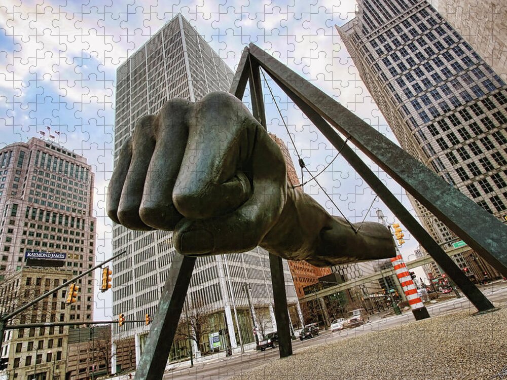 Joe Jigsaw Puzzle featuring the photograph In Your Face - Joe Louis Fist Statue - Detroit Michigan by Gordon Dean II
