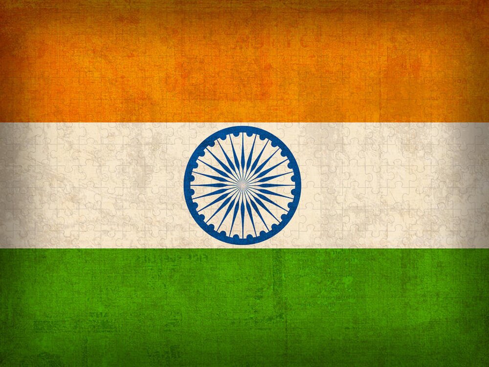 India Flag New Delhi Bombay Calcutta Asia Hindu Ganges Jigsaw Puzzle featuring the mixed media India Flag Vintage Distressed Finish by Design Turnpike