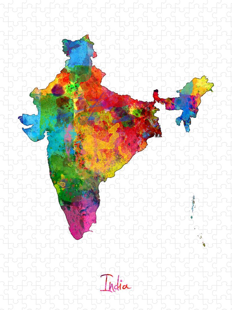 Map Art Puzzle featuring the digital art India Watercolor Map by Michael Tompsett