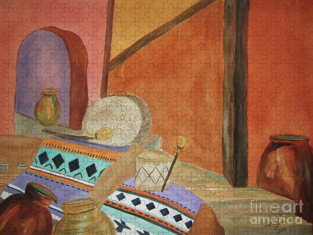 Still Life Jigsaw Puzzle featuring the painting Indian Blankets Jars and Drums by Ellen Levinson