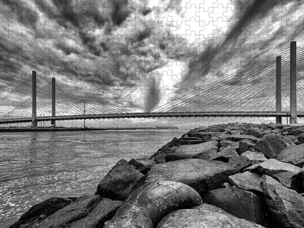 Indian River Bridge Jigsaw Puzzle featuring the photograph Indian River Bridge Clouds Black and White by Bill Swartwout