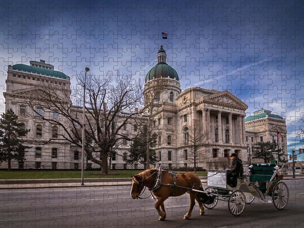 Indiana Jigsaw Puzzle featuring the photograph Indiana Capital Building - Front with Horse Passing by Ron Pate