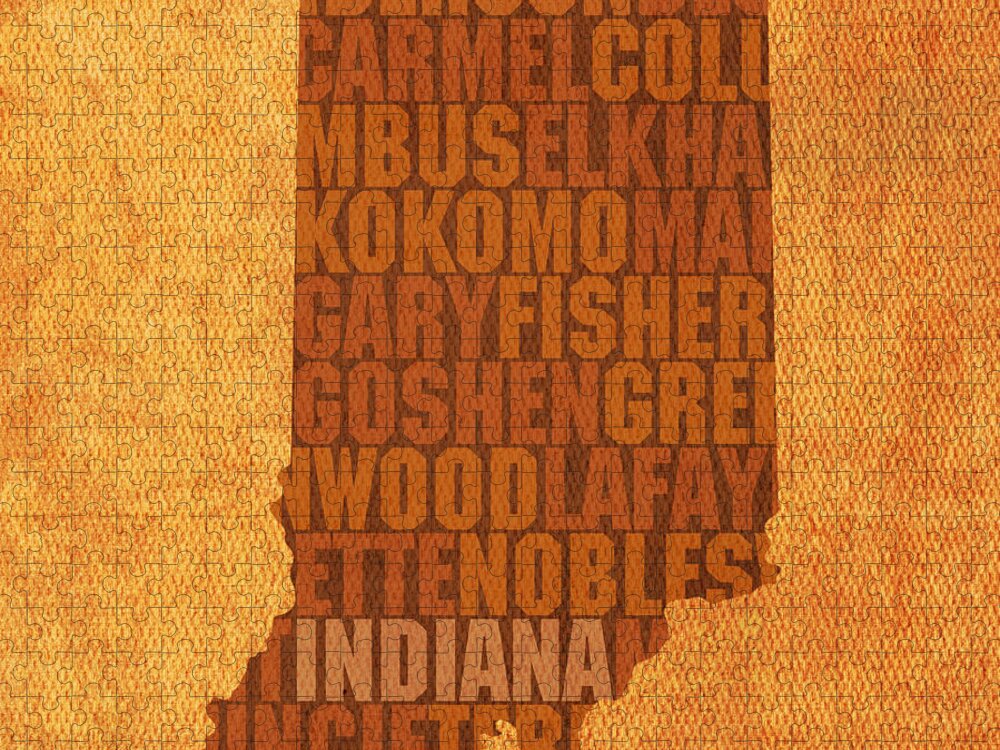 Indiana State Word Art On Canvas Jigsaw Puzzle featuring the mixed media Indiana State Word Art on Canvas by Design Turnpike