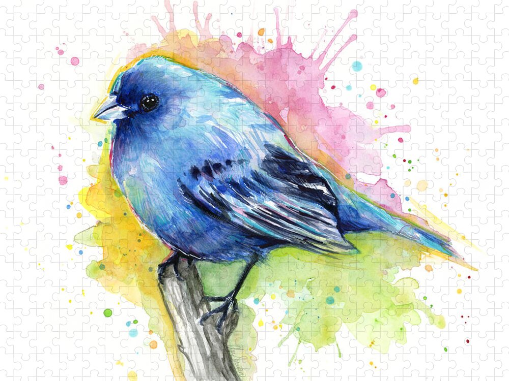 Blue Jigsaw Puzzle featuring the painting Indigo Bunting Blue Bird Watercolor by Olga Shvartsur