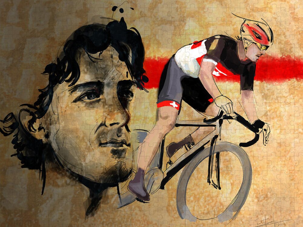 Cancellara Jigsaw Puzzle featuring the digital art Ink portrait illustration print of Cycling Athlete Fabian Cancellara by Sassan Filsoof
