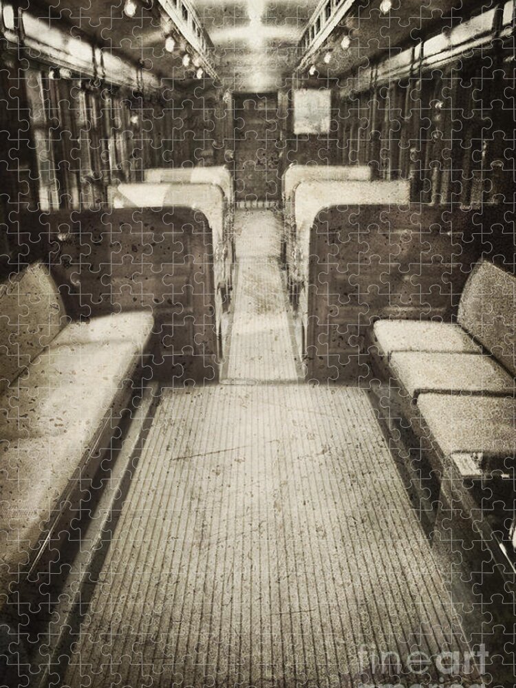 Chicago; El; Train; Interior; Vintage; Old; Car; Train Car; Transportation; Inside; Indoors; Seats; Empty; Nobody; Desolate; Grunge; Travel; Transport; Railway; Public Transportation; Bench; Aisle Jigsaw Puzzle featuring the photograph Inside by Margie Hurwich