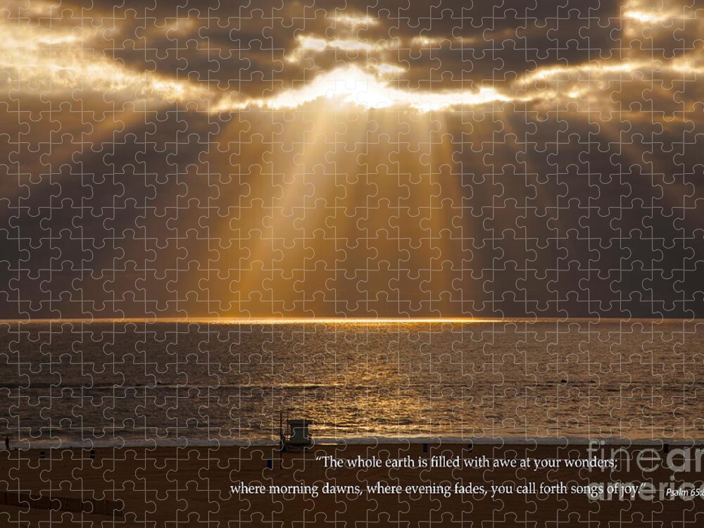 Inspirational Sun Rays Over Calm Ocean Clouds Bible Verse Print Jigsaw Puzzle featuring the photograph Inspirational Sun Rays Over Calm Ocean Clouds Bible Verse Photograph by Jerry Cowart