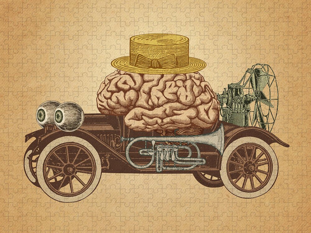 Car Brain Fan Hat Eye Tuba Surrealism Rare Bizarre Collage Vintage Pepetto Nonsense Humor Crazy Funny Curious Extravagant Sophisticated Conceptual Jigsaw Puzzle featuring the digital art Intelligent Car by Pepetto Gallery