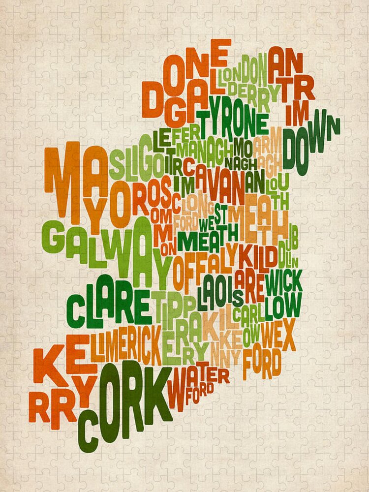 Ireland Map Jigsaw Puzzle featuring the digital art Ireland Eire County Text Map by Michael Tompsett