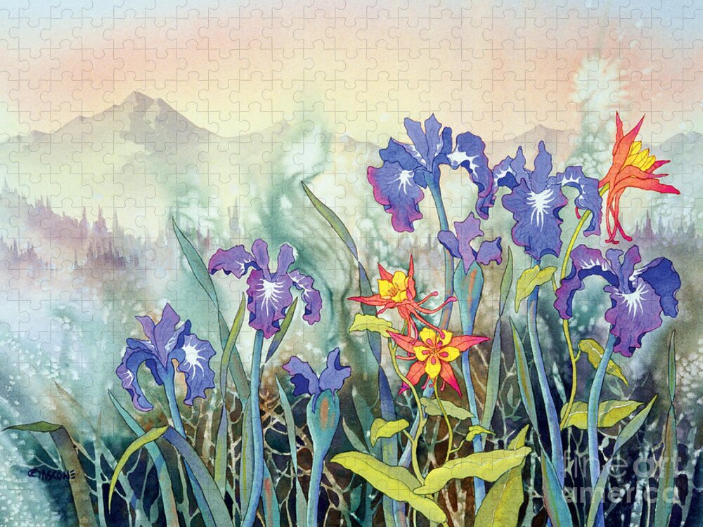 Iris And Columbine Ii Jigsaw Puzzle featuring the painting Iris and Columbine II by Teresa Ascone