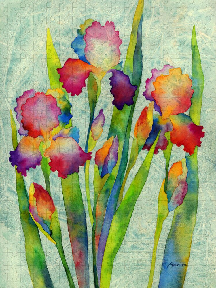 Iris Jigsaw Puzzle featuring the painting Iris Elegance on Green by Hailey E Herrera