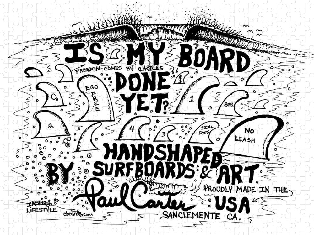 Surfboardfinsdrawing Jigsaw Puzzle featuring the drawing Is my board done yet #1 by Paul Carter