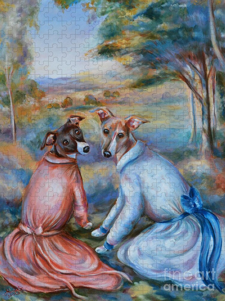 Italian Greyhounds Jigsaw Puzzle featuring the painting Italian Greyhounds Renoir style by Lachri