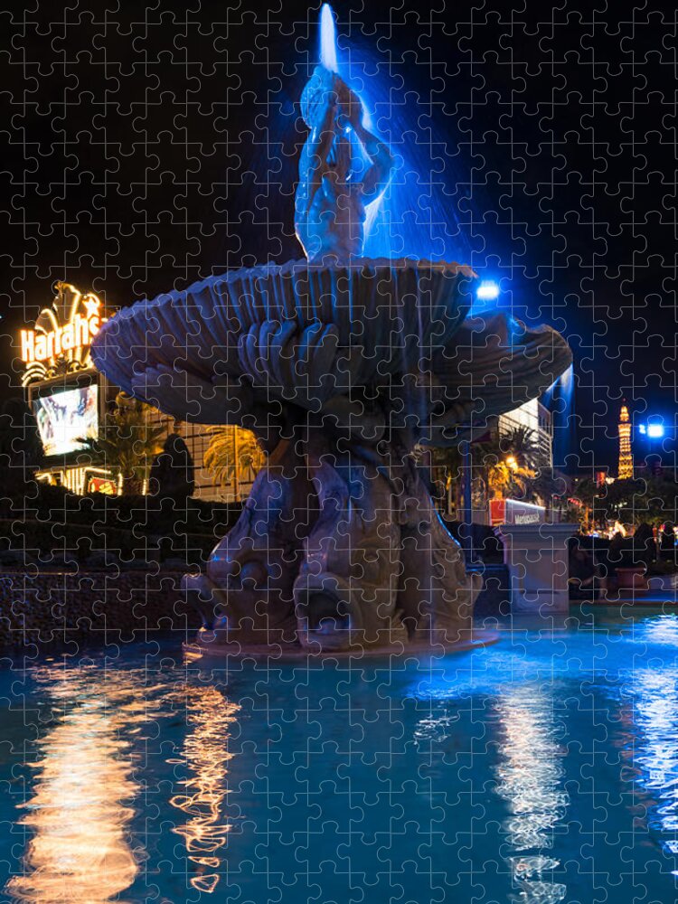 Triton Fountain Jigsaw Puzzle featuring the photograph It's Not Rome - Triton Fountain Las Vegas at Night by Georgia Mizuleva