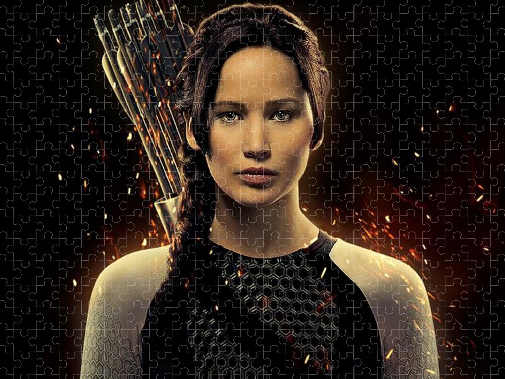 Jennifer Shrader Lawrence Jigsaw Puzzle featuring the digital art Jennifer Lawrence as Katniss Everdeen by Movie Poster Prints