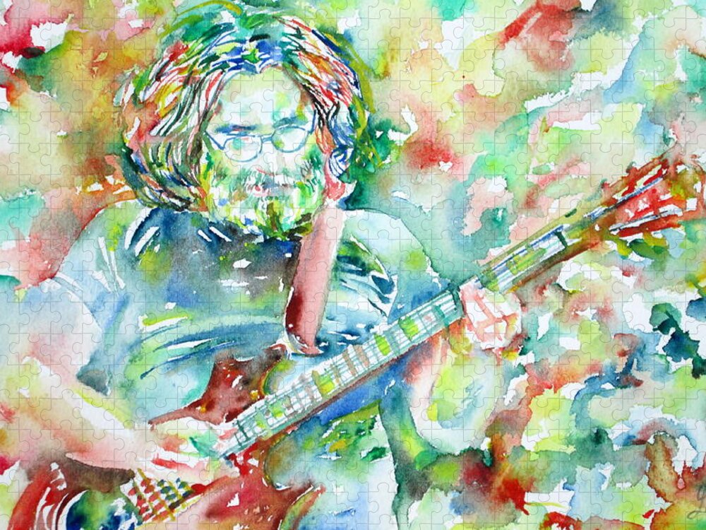 Jerry Jigsaw Puzzle featuring the painting JERRY GARCIA PLAYING the GUITAR watercolor portrait.3 by Fabrizio Cassetta