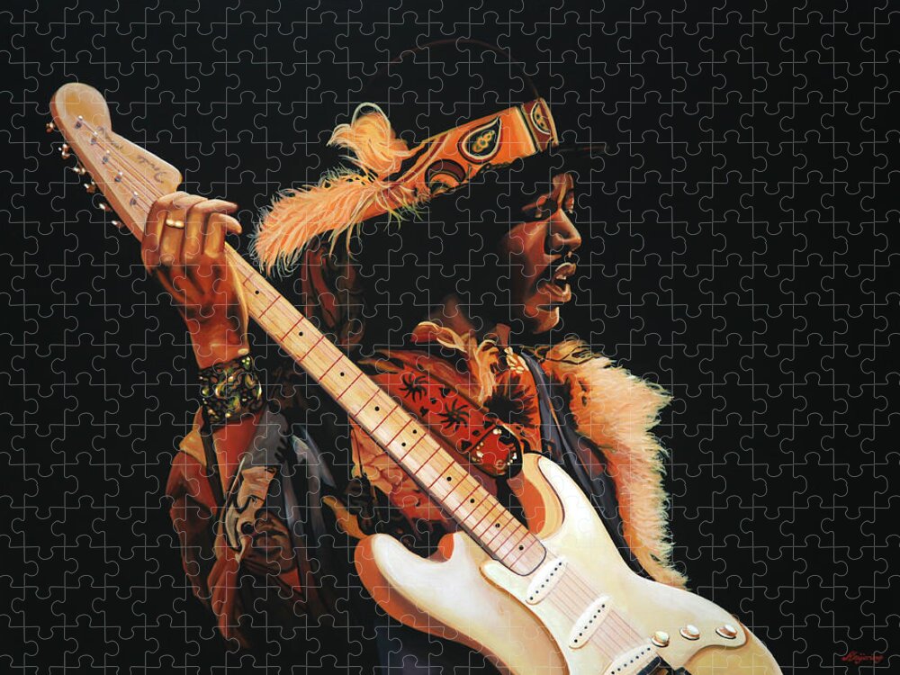 Jimi Hendrix Jigsaw Puzzle featuring the painting Jimi Hendrix 3 by Paul Meijering
