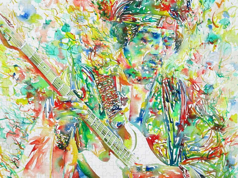 Jimi Jigsaw Puzzle featuring the painting Jimi Hendrix Playing The Guitar Portrait.1 by Fabrizio Cassetta