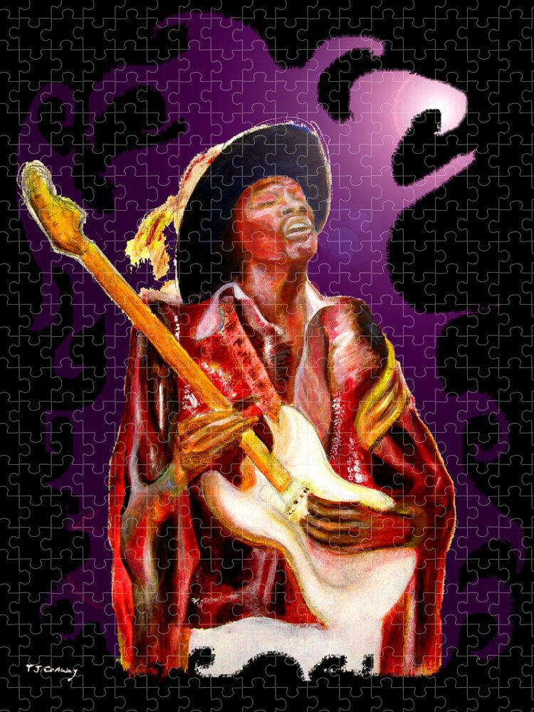 Rock Jigsaw Puzzle featuring the painting Jimi hendrix variations in Purple and Black by Tom Conway