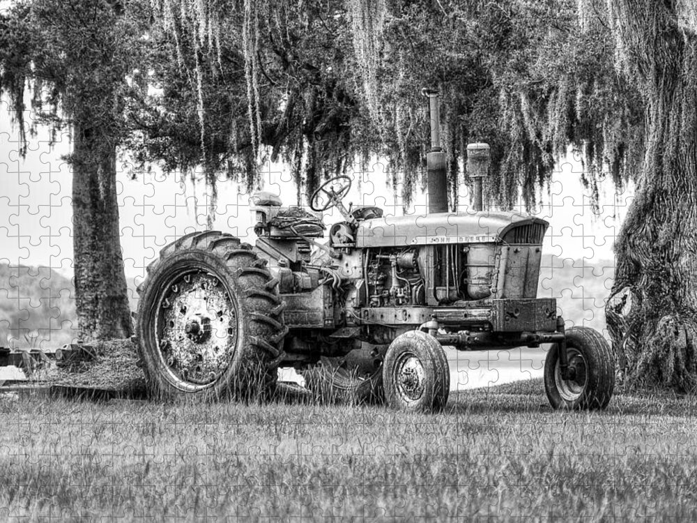 Bush Hog Jigsaw Puzzle featuring the photograph John Deer Tractor Under the Old Cedar by Scott Hansen