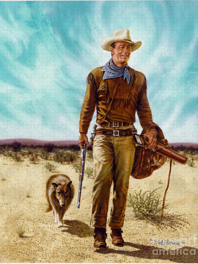 Portrait Jigsaw Puzzle featuring the painting John Wayne HONDO by Dick Bobnick