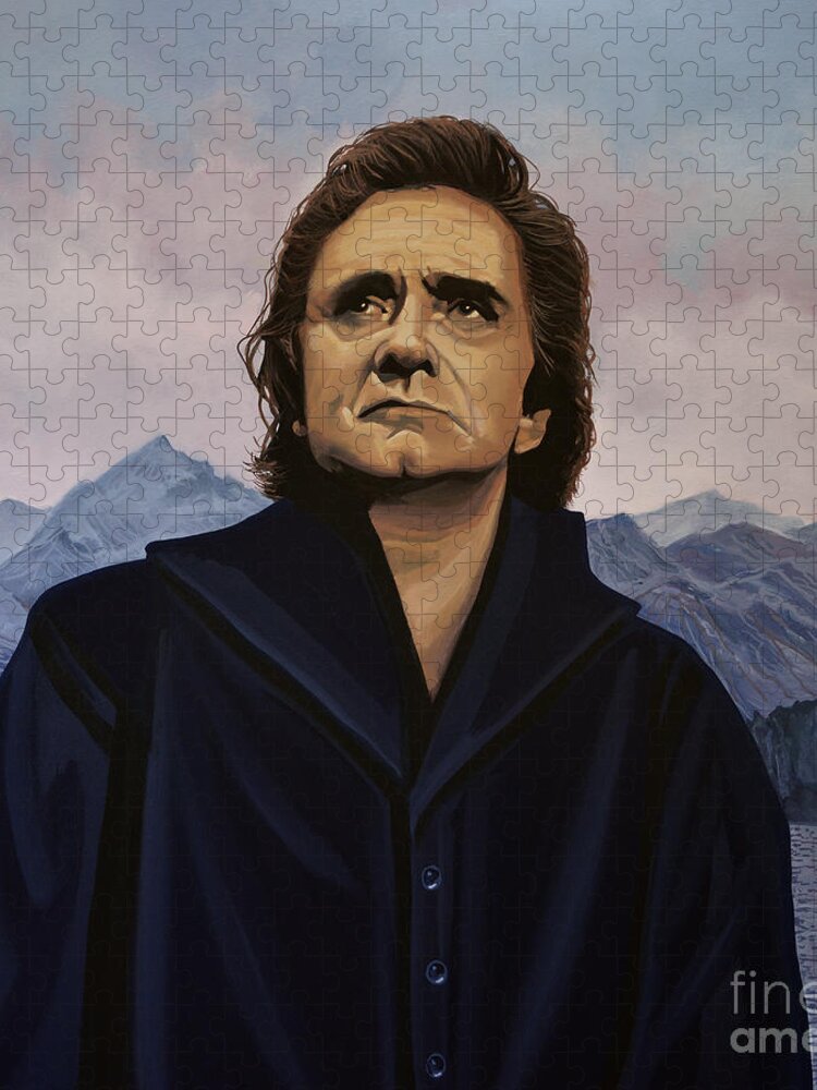 Johnny Cash Puzzle featuring the painting Johnny Cash Painting by Paul Meijering
