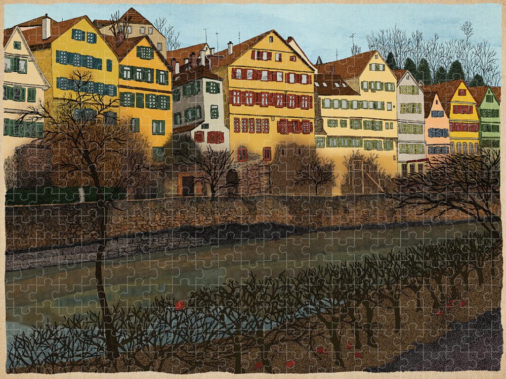 Architecture River Houses Neckar T�bingen Germany Jigsaw Puzzle featuring the drawing Judith's Walk by Meg Shearer