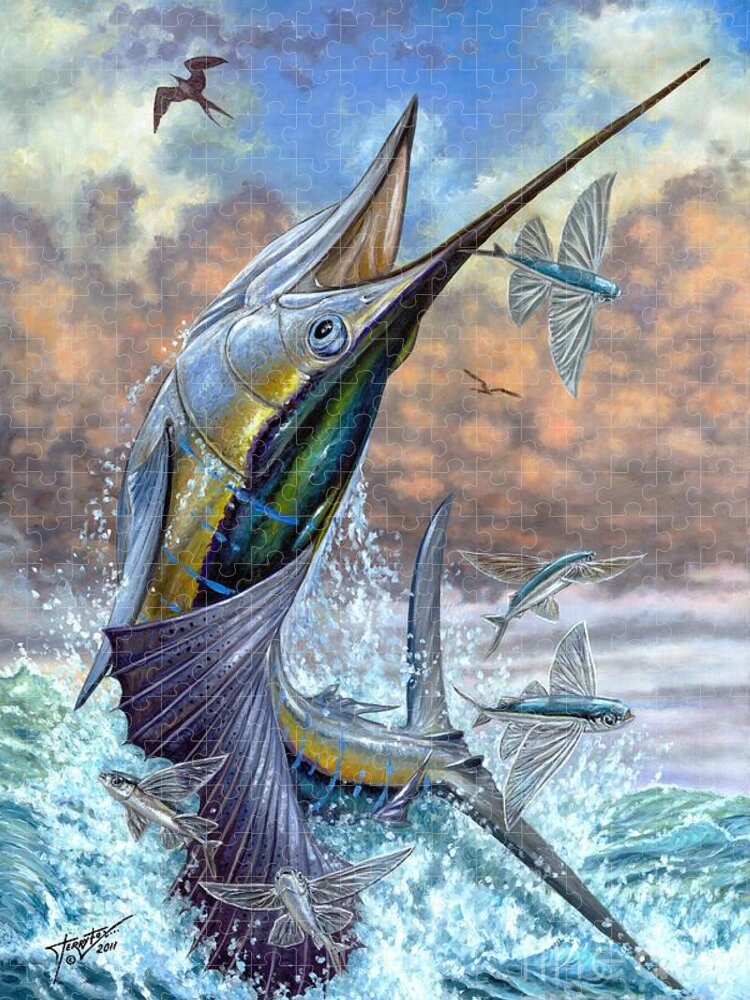 Flying Fishes Jigsaw Puzzle featuring the painting Jumping Sailfish And Flying Fishes by Terry Fox