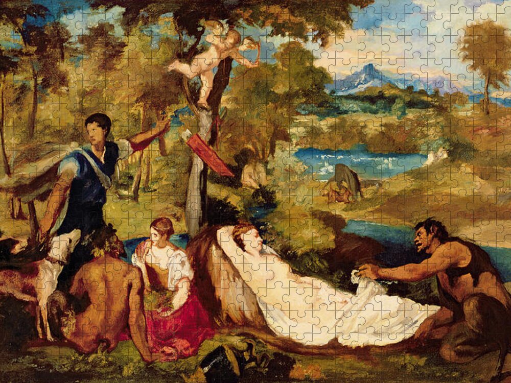 Jupiter And Antiope Jigsaw Puzzle featuring the painting Jupiter And Antiope by Edouard Manet