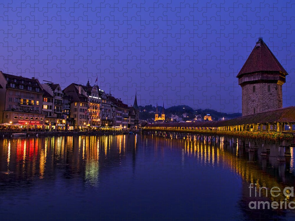 Switzerland Jigsaw Puzzle featuring the photograph Kapelbrucke Bridge At Night, Switzerland by Bill Bachmann