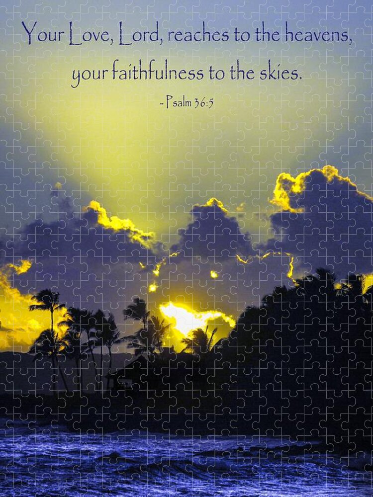 Bible Verse Jigsaw Puzzle featuring the photograph Kauai Sunset Psalm 36 5 by Debbie Karnes