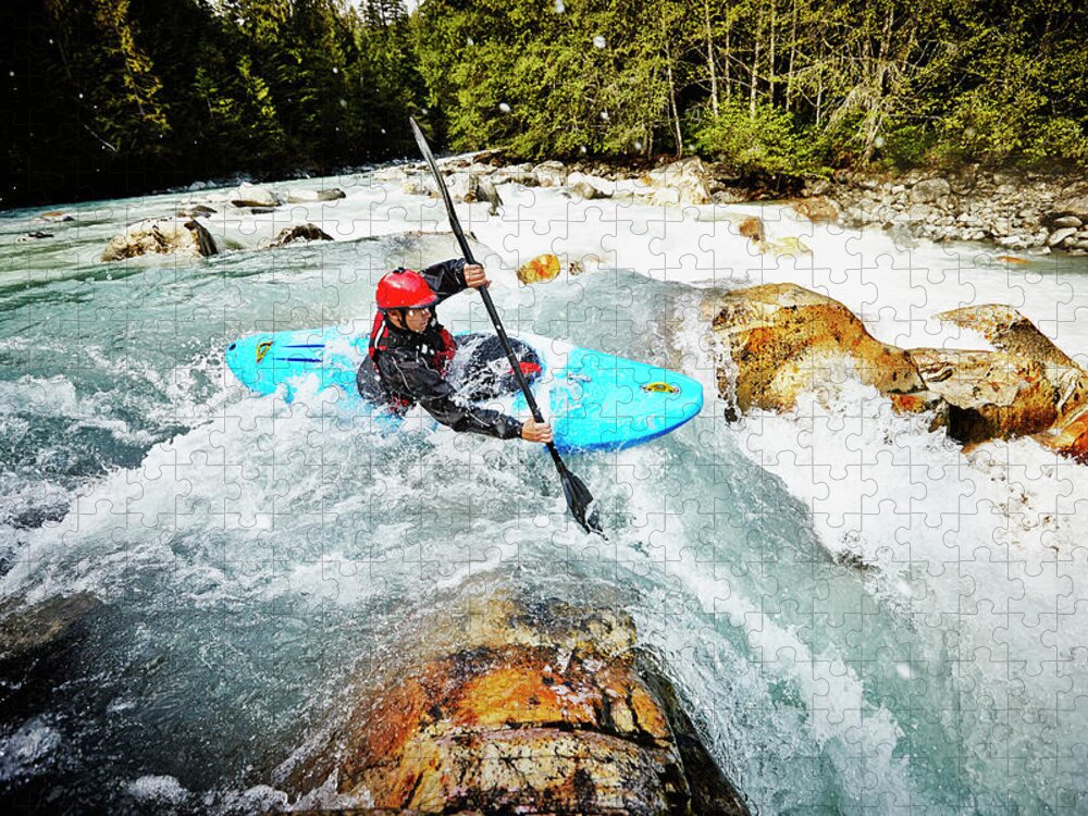 Sports Helmet Jigsaw Puzzle featuring the photograph Kayaker Entering White Water Rapids by Thomas Barwick