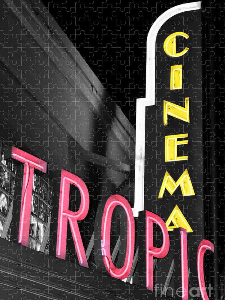 Cinema Tropic Jigsaw Puzzle featuring the photograph Key West Tropic Cinema Neon Art Deco Theater Signs Color Splash Black and White by Shawn O'Brien