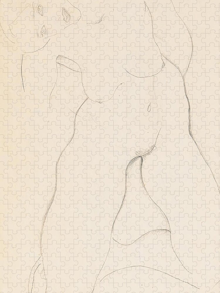 Egon Schiele Jigsaw Puzzle featuring the drawing Kneeling female nude by Egon Schiele