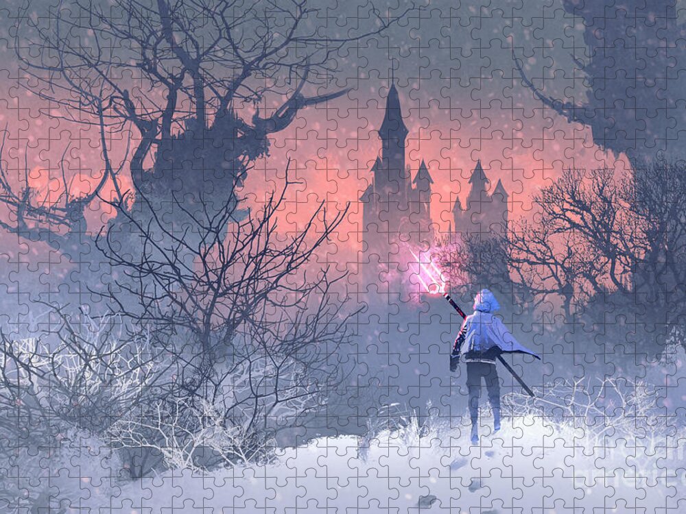 Forest Puzzle featuring the digital art Knight With Trident In Winter by Tithi Luadthong